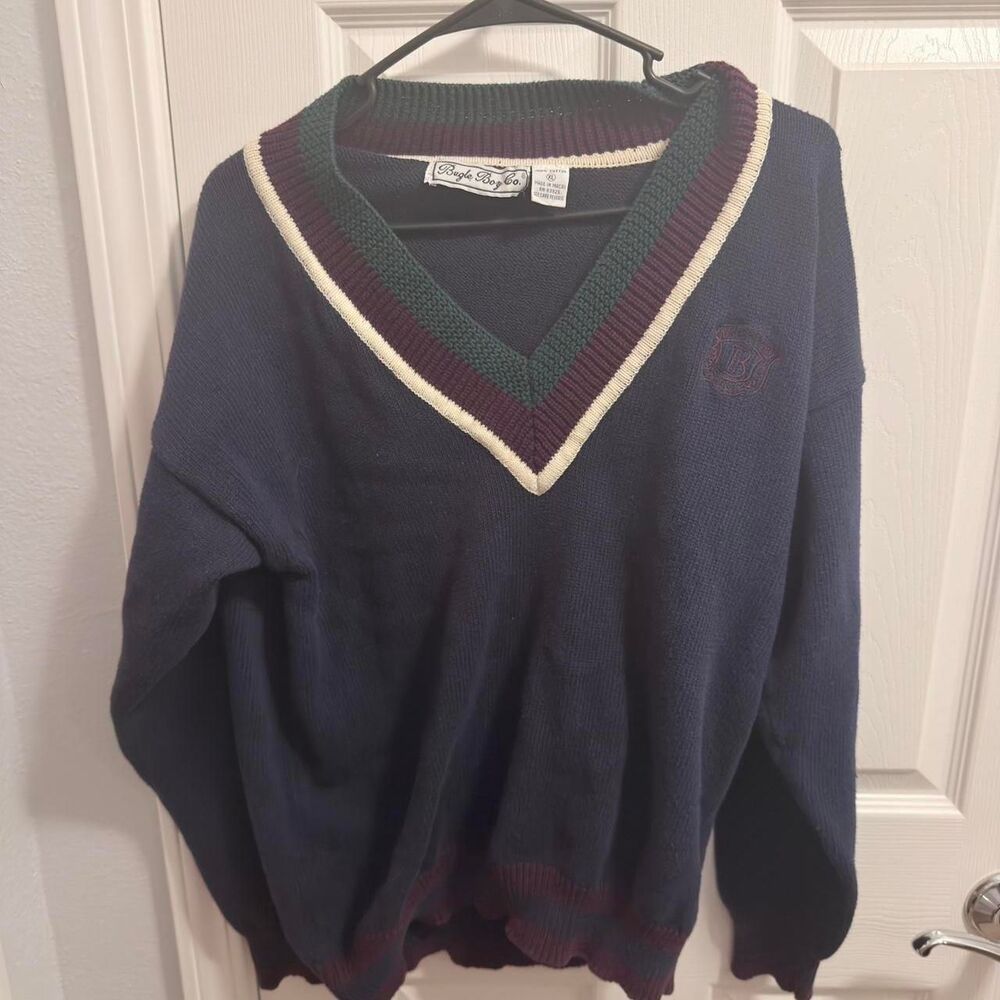 (1991-1993) Bugle Boy Stripe V-Neck Sweater - Navy - XL